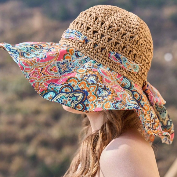 Boho Wide Brim Straw Foldable Bucket hat